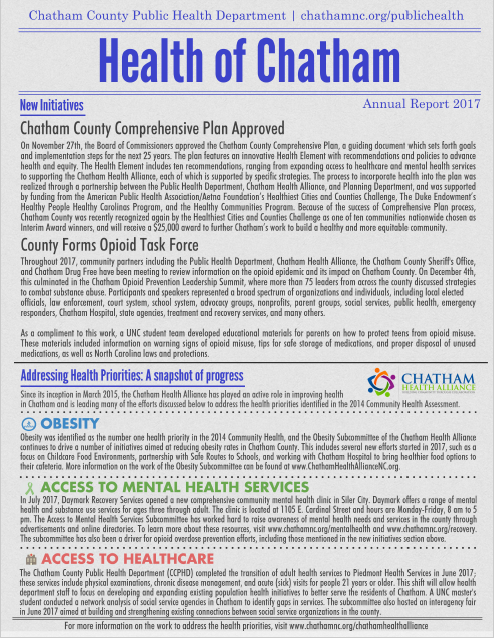 The first page of the 2017 Health of Chatham report in English.