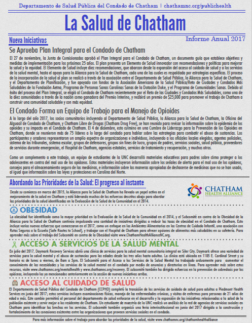 The first page of the 2017 Health of Chatham report in Spanish.