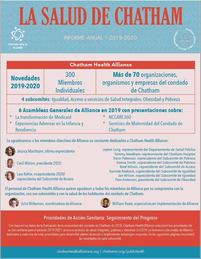 The first page of the 2019 Health of Chatham report in Spanish.