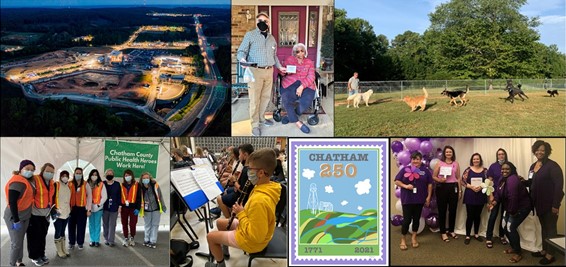 2021 State of Chatham County Collage - Images of The Mosaic Development, Meals on Wheels Delivery, Dog Park at Briar Chapel, Chatham Public Health Vaccine Clinic, Chatham 250 logo, Social Services Group Wear Purple Day