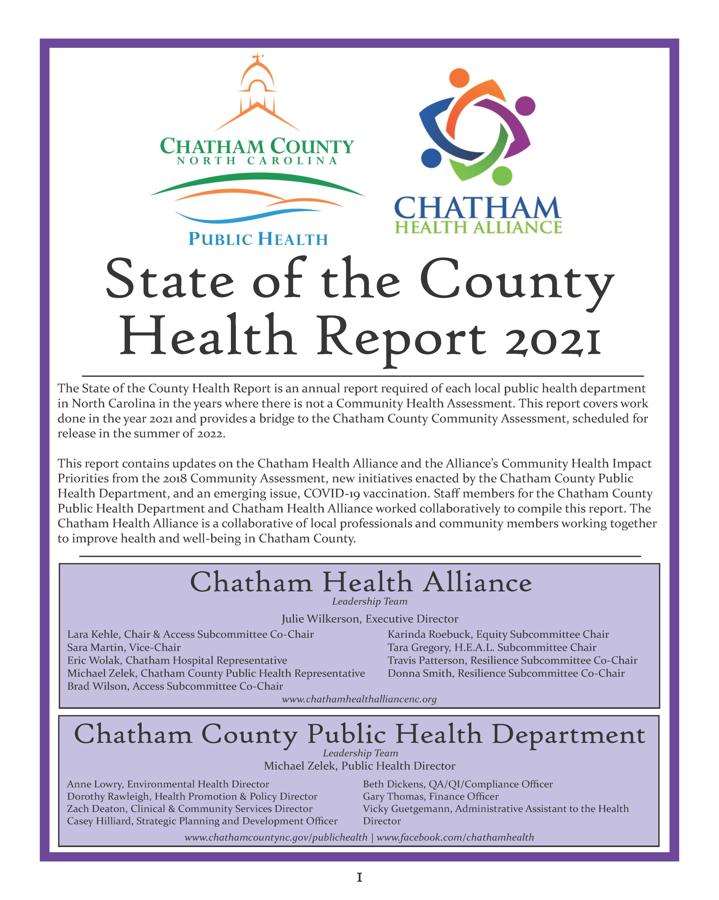 The first page of the State of the County Health Report 2021 in English.