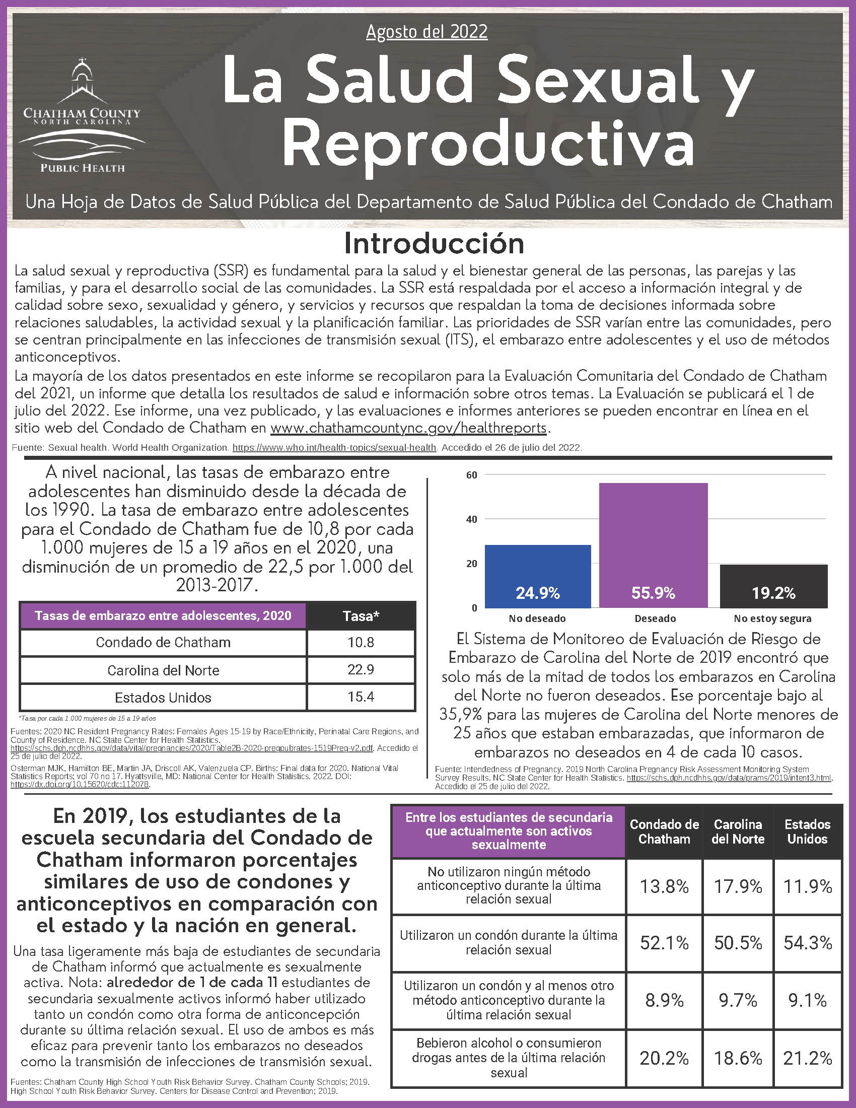 The first page of the Sexual and Reproductive Health topical data report in Spanish.