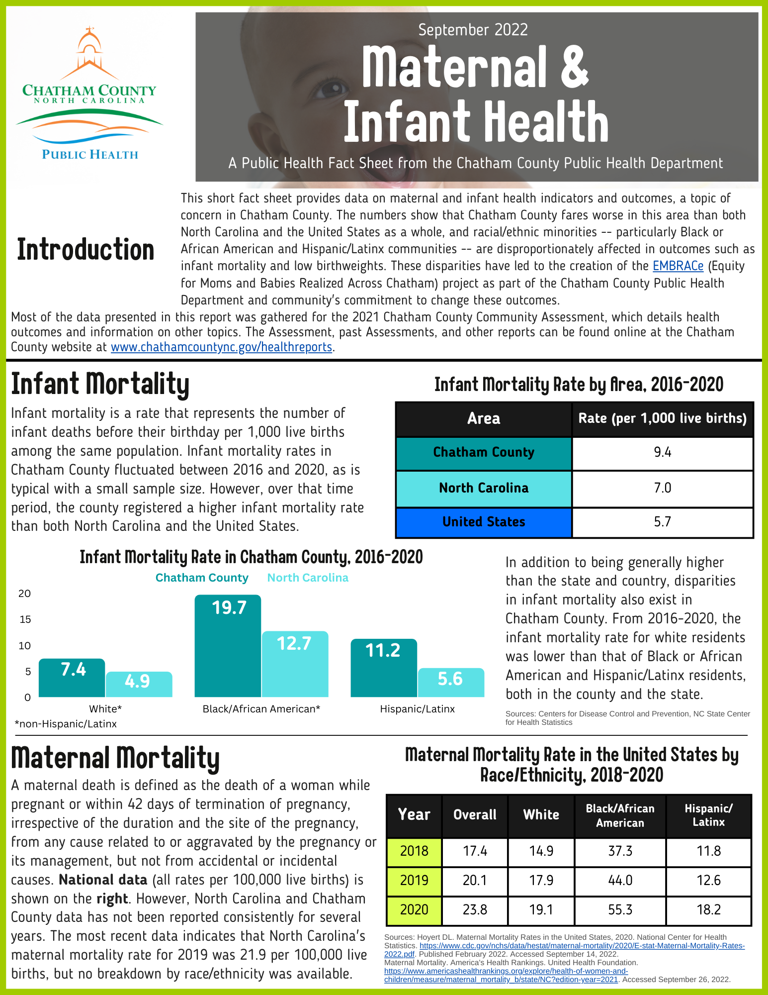 The first page of the Maternal and Infant Health topical data report in English.