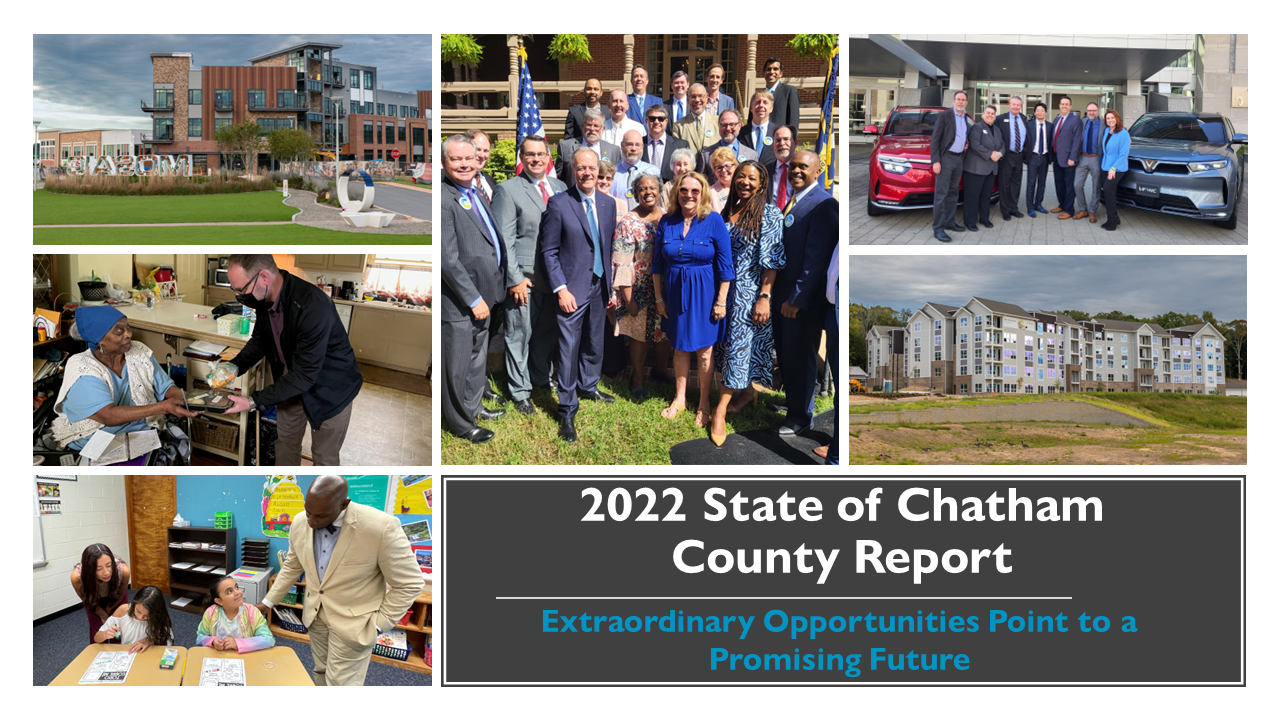 2022 State of Chatham County Report Picture Collage featuring images of residential and commercial construction, Chatham County leaders