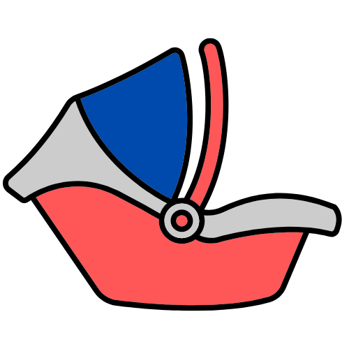 A cartoon drawing of a car seat in blue, red, and gray