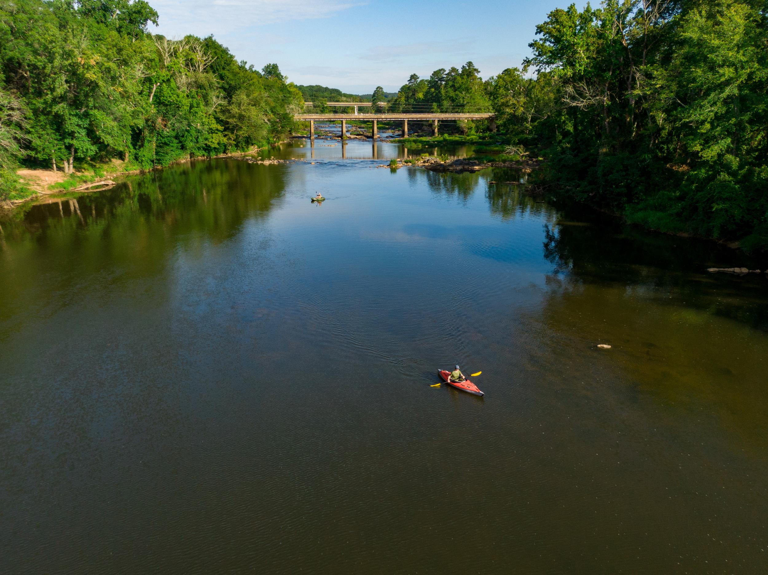 Drone shot of Haw River with kayaker