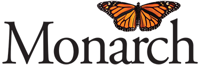 The word Monarch with a butterfly hovering over the word