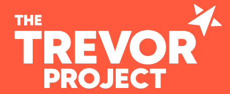 An orange rectangle with the words "The Trevor Project" in bold white font, and a white star made by two arrows intersecting.