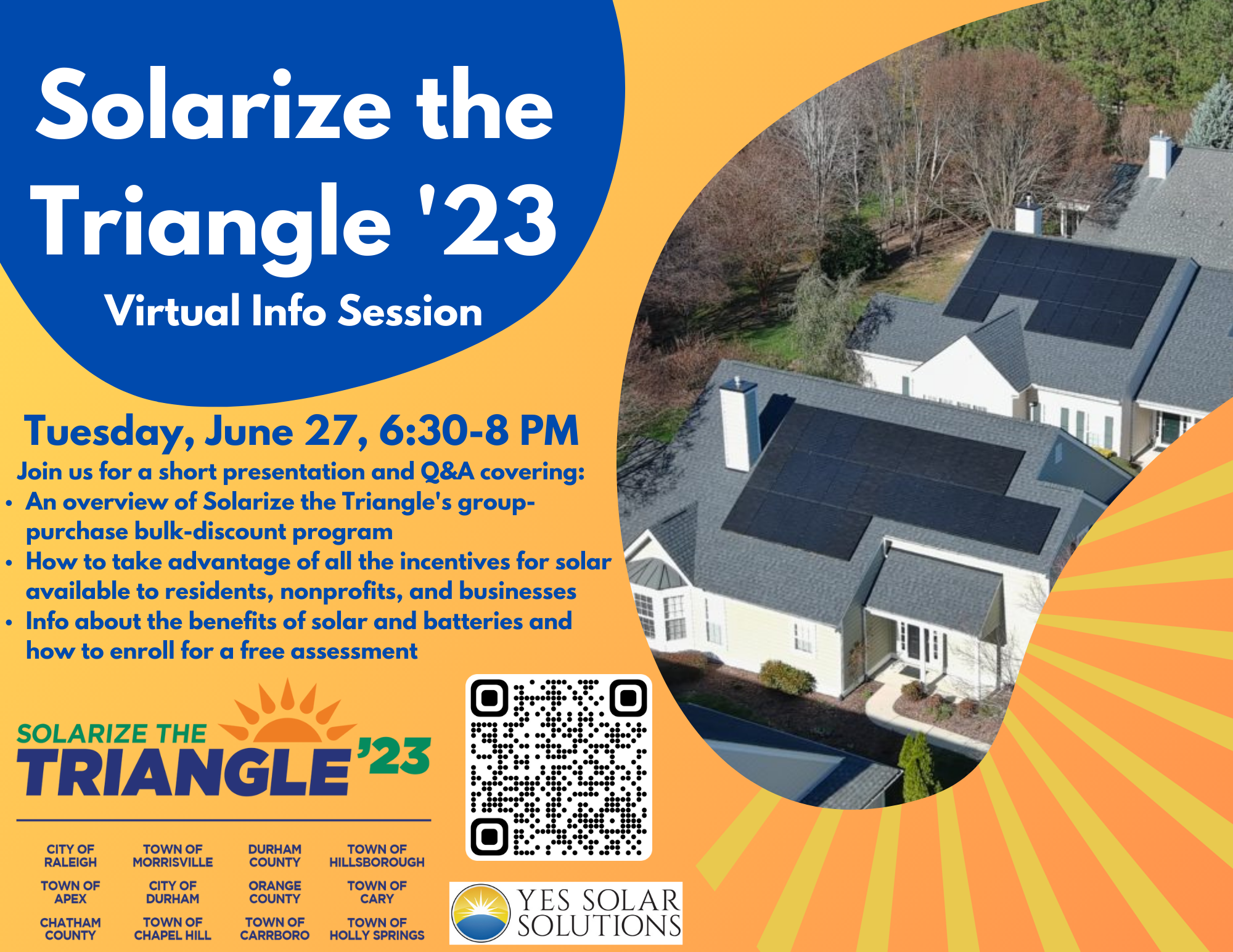 Solarize the Triangle '23 Info Session Flyer - June 27 at 6:30pm