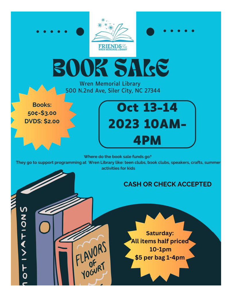 Wren Friends of Library Fall Book Sale - Oct. 13-14, 2023, 10am - 4pm