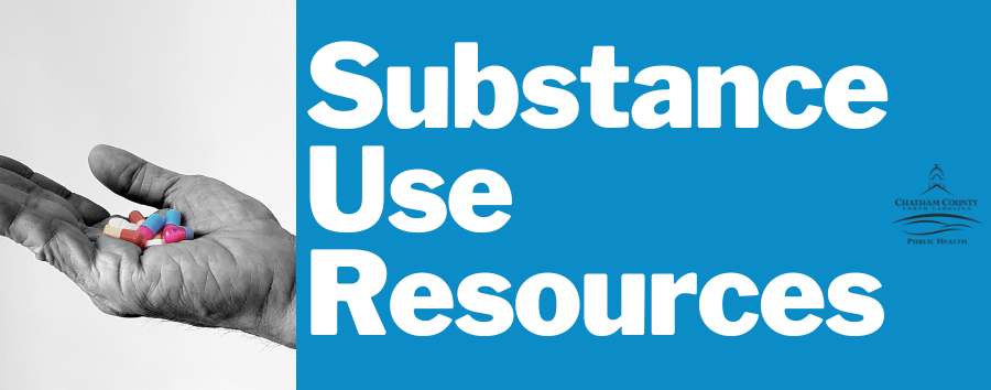 A blue rectangle with the words "Substance Use Resources" in large white font accompanied by a black and white photo of an outstretched hands with colorful pills in it.