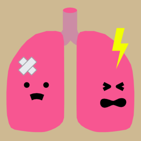 A cartoon image of pink lungs with a face on each lung, one with a frown and a bandage above the right eye, and the other angry with a lightning bolt above the left eye.