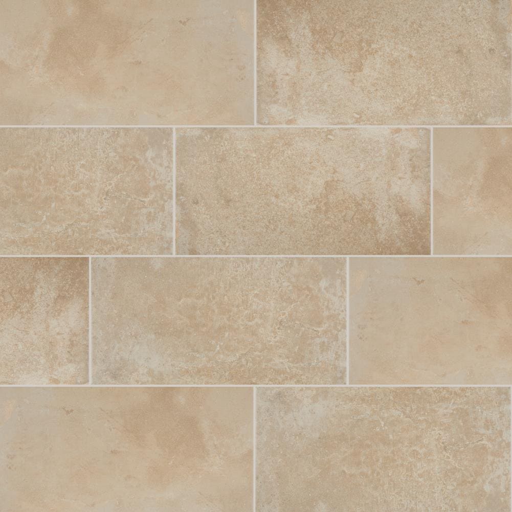 Light brown tile with white marbled throughout.