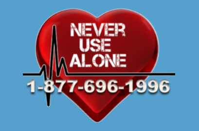 Logo for Never Use Alone, 1-877-696-1996