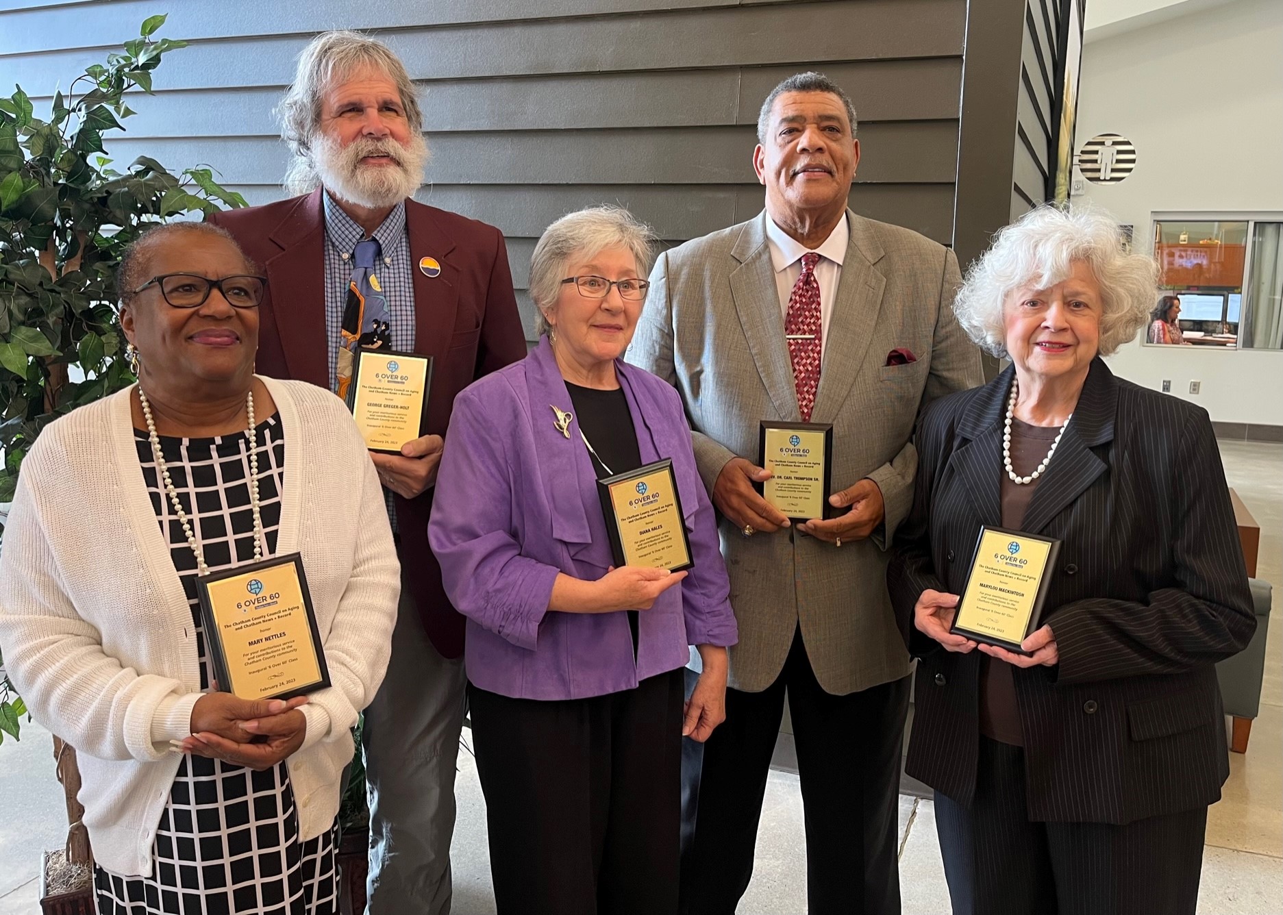 6 over 60 awards 2023 - Mary Nettles, Diana Hales, Marylou Mackintosh, George Greger-Holt and the Rev. Dr. Carl Thompson Sr.