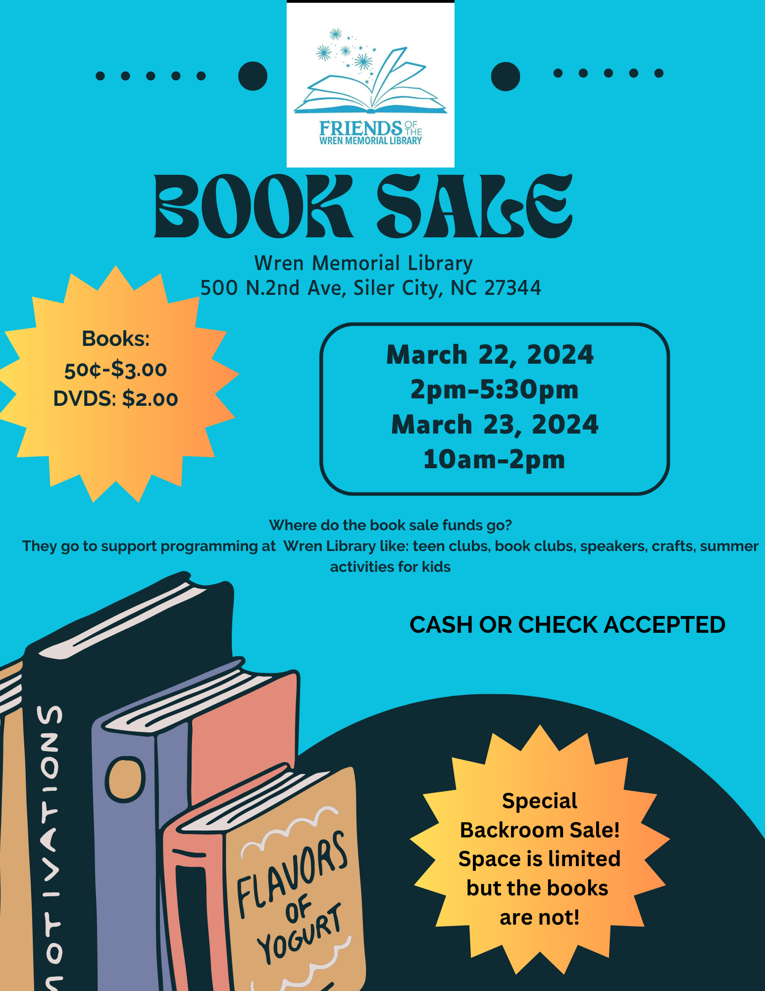 Friends of Wren Memorial Library Book Sale: March 22 at 2pm, March 23 at 10am