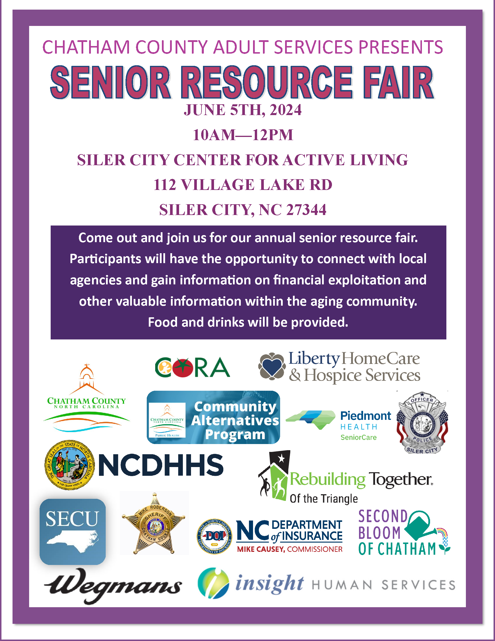 Chatham County Senior Resource Fair, June 5, 2024, 10am to noon, Siler City Center for Active Living