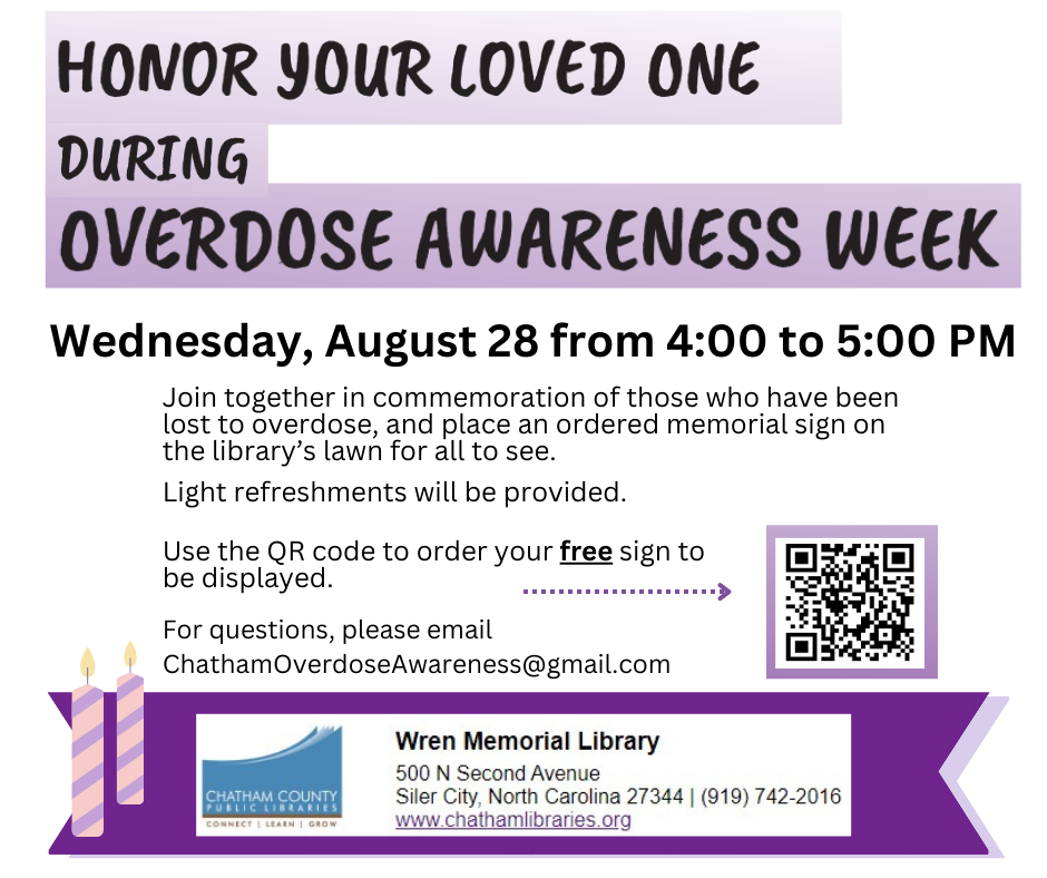 Overdose Awareness Gathering at Wren Memorial Library August 28, 2024; 4 to 5pm