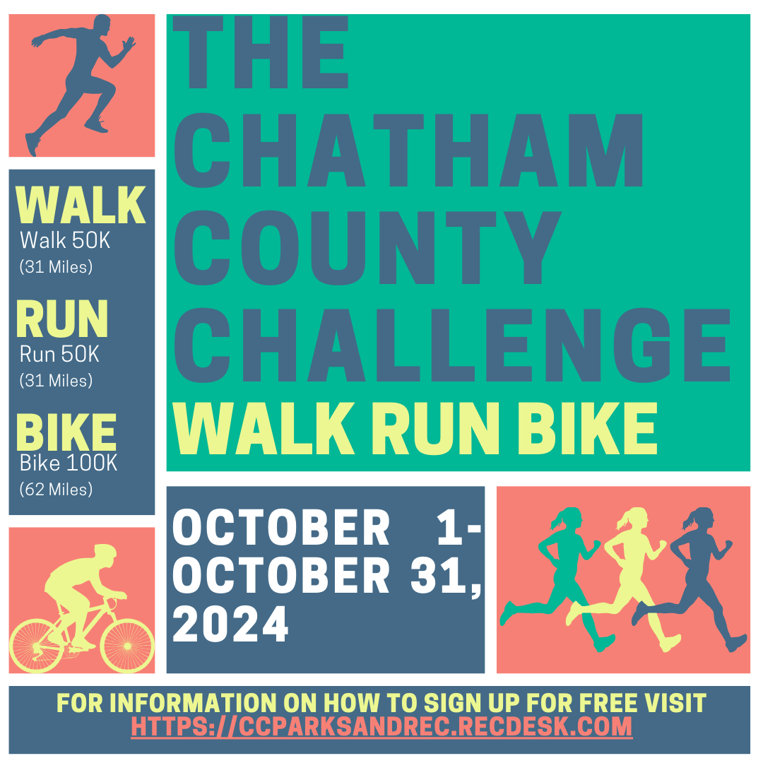 Chatham County Challenge - Oct. 1 through 31, 2024, walk, run, or bike options