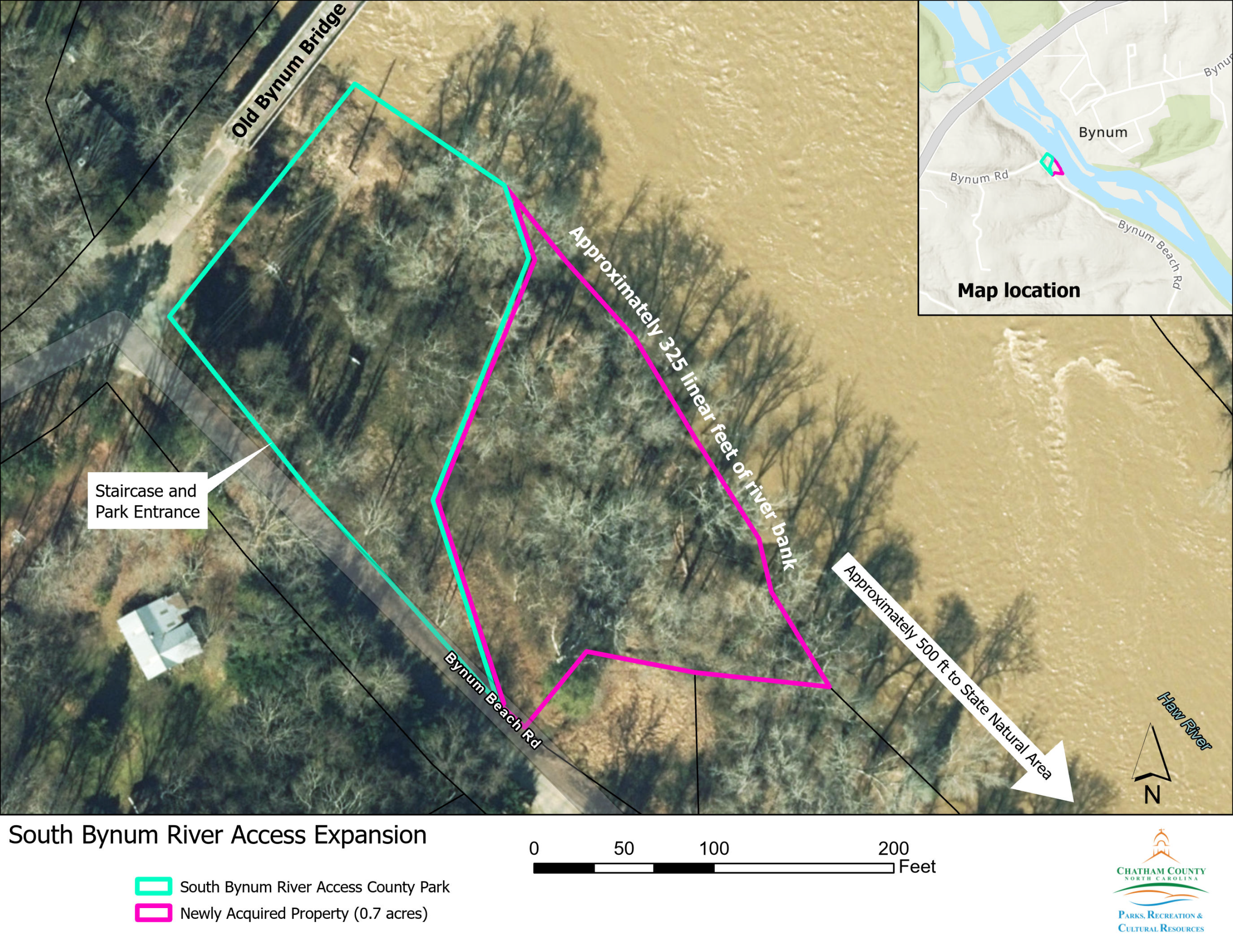 South Bynum River Access Expansion Map which includes recently purchased a 0.7-acre lot.