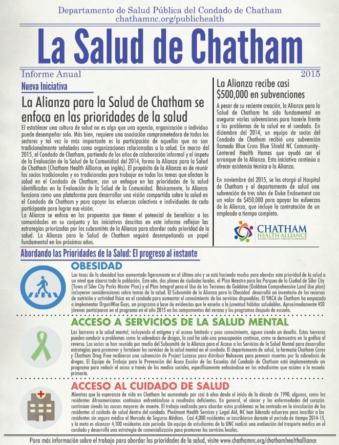 The first page of the 2015 Health of Chatham report in Spanish.