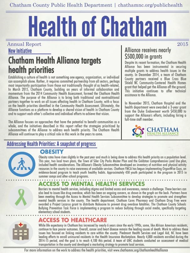 The first page of the 2015 Health of Chatham report in English.