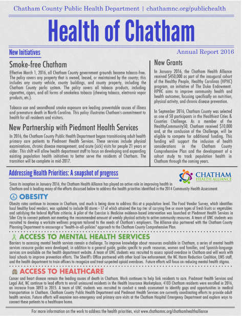 The first page of the 2016 Health of Chatham report in English.