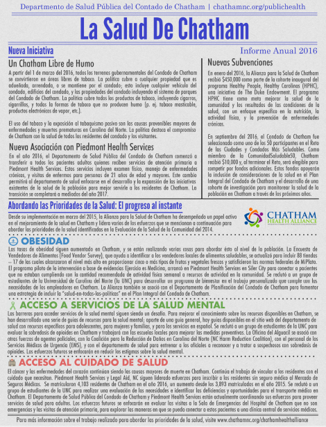 The first page of the 2016 Health of Chatham report in Spanish.